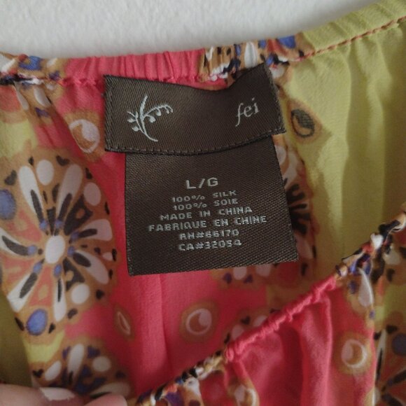 Anthropologie Fei Silk Floral Boho Blouse L Yellow Red Stripe w Floral - Picture 2 of 7